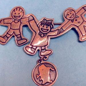 Vintage Sterling Silver, 3 small children, holding hands, Save the Children pin.